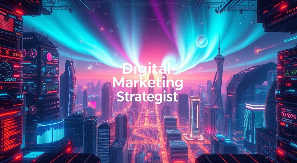 A breathtaking vista of a futuristic digital landscape, illuminated by glowing holograms and neon-tinged displays. In the foreground, a towering "Digital Marketing Strategist" logo stands as a beacon, surrounded by a dazzling array of data visualizations, interactive interfaces, and AI-powered analytics tools. The middle ground features a bustling cityscape of towering skyscrapers and interconnected networks, while the background is dominated by a vibrant, aurora-like sky, hinting at the boundless potential of the digital frontier. The scene is bathed in a warm, cinematic lighting, creating a sense of awe and wonder, as if glimpsing the future of digital marketing strategy.