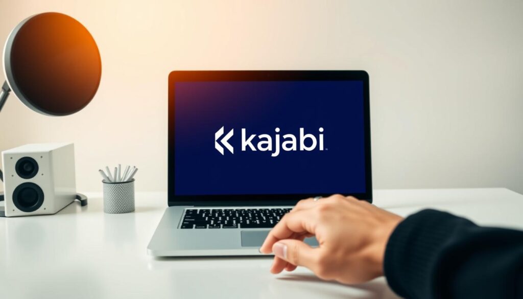 A bright, modern office desktop with a sleek, minimalist design. In the center, a laptop screen displays the "Kajabi" logo, subtly denoting the online learning platform. In the foreground, a hand hovers over the laptop, ready to navigate the Kajabi interface. The background is a soft, neutral gradient, creating a clean, professional atmosphere. Warm, natural lighting casts a gentle glow, reflecting the ease and accessibility of the "Blogger Reviewer" Kajabi account access experience.