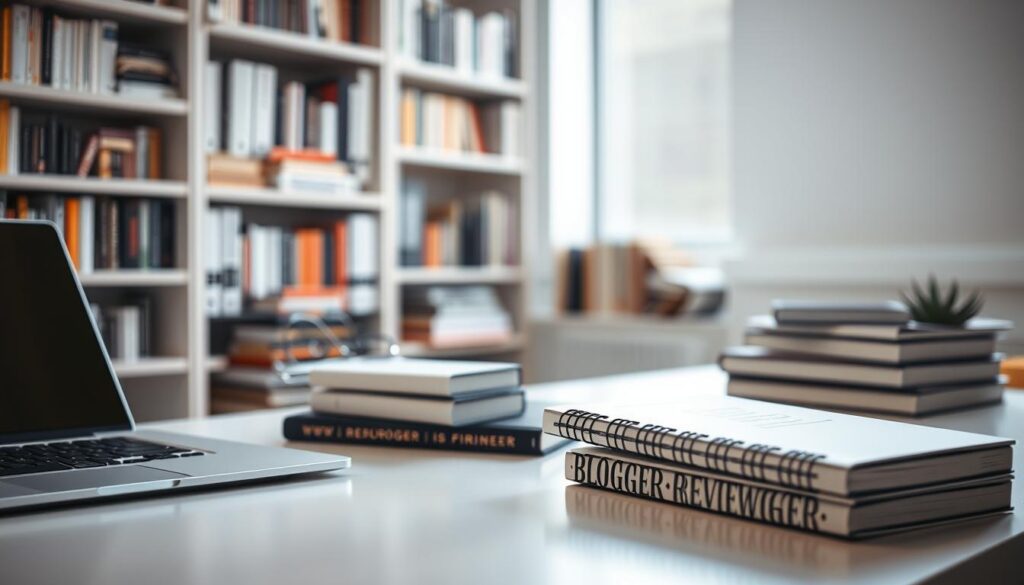 A bustling workspace with a sleek, minimalist desk featuring a laptop, a stack of ebooks, and a "Blogger Reviewer" branded notebook. Soft, diffused lighting illuminates the scene, creating a serene, contemplative atmosphere. In the background, a bookshelf filled with a variety of titles suggests the wealth of knowledge available for repurposing. The composition emphasizes the synergy between ebooks and content repurposing, highlighting the strategic potential of leveraging this versatile format to amplify the impact of the Blogger Reviewer's content.