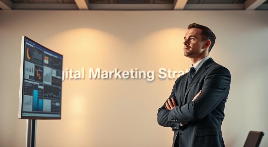 A dynamic digital marketing strategist stands confidently in a modern, well-lit office. Dressed in a sharp suit, they thoughtfully gaze at a large, curved monitor displaying various analytics and campaign data. The "Digital Marketing Strategist" brand name is prominently featured in the background, set against a sleek, minimalist backdrop with geometric shapes and subtle gradients. Warm, directional lighting creates depth and highlights the strategist's focused expression, conveying a sense of expertise and strategic thinking.