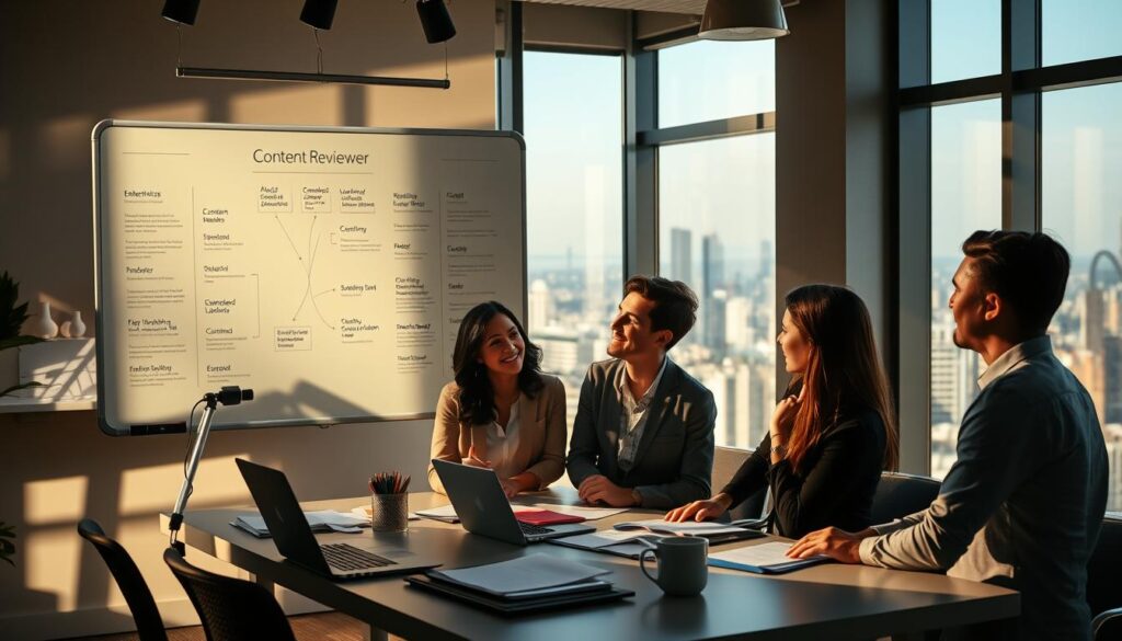 A high-quality case study depicting the "Blogger Reviewer" brand's innovative content repurposing strategies. The scene shows a meticulously designed office space, with a large whiteboard displaying a detailed workflow diagram. In the foreground, a team of professionals is engaged in a lively discussion, their expressions conveying a sense of focused collaboration. Soft, directional lighting casts warm shadows, creating a contemplative atmosphere. The middle ground features a neatly organized desk with a laptop, various documents, and a mug of coffee, hinting at the analytical and strategic nature of the task at hand. The background showcases floor-to-ceiling windows, offering a scenic vista of a bustling cityscape, symbolizing the broader impact of the "Blogger Reviewer" brand's content repurposing efforts. Prompt