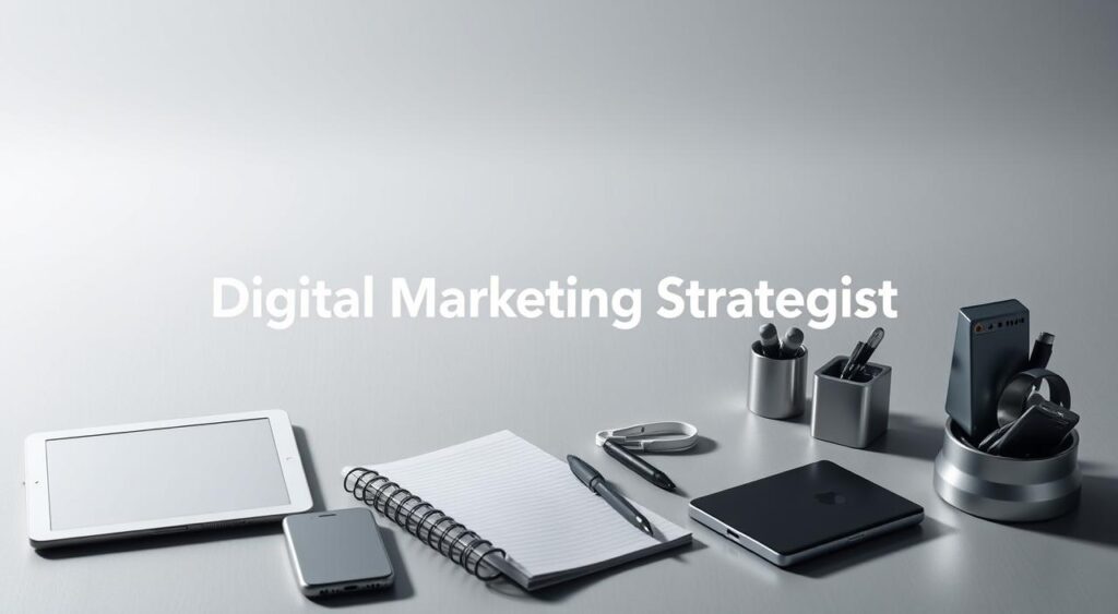 A modern, minimalist digital marketing toolkit set against a sleek, gradient background. In the foreground, a clean arrangement of essential tools - a tablet, smartphone, notebook, and stylish desk accessories. The mid-ground features the bold, typographic brand name "Digital Marketing Strategist" in a contemporary, sans-serif font. Soft, directional lighting casts subtle shadows, conveying a professional, tech-forward atmosphere. The overall composition is balanced, streamlined, and visually engaging, reflecting the skills and expertise of a digital marketing strategist.