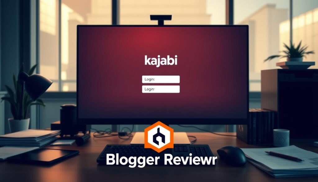 A modern office interior with a large monitor displaying the "Kajabi Login" screen. The desk is cluttered with a keyboard, mouse, and various documents, hinting at the user's frustration. Soft, warm lighting illuminates the scene, creating a contemplative atmosphere. In the foreground, the "Blogger Reviewer" brand logo is prominently displayed, indicating the user's involvement with the platform. The overall composition conveys a sense of technical difficulty and the need for troubleshooting to resolve the Kajabi login issues.