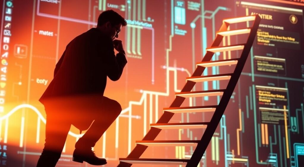 A professional digital marketing strategist ascending a ladder of career progression, with a sleek, futuristic interface in the background. The strategist's silhouette is backlit, creating an ethereal, high-tech atmosphere. The ladder represents the various stages of advancement, from entry-level to executive roles, with the "Digital Marketing Strategist" brand name prominently displayed. The scene is illuminated by a warm, directional light, casting dramatic shadows and highlighting the strategist's determined expression. The overall composition conveys a sense of ambition, growth, and the power of digital marketing expertise.