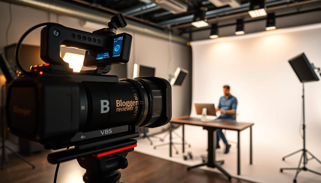 A professional-grade video studio, bathed in warm lighting and filled with the latest video production equipment. In the foreground, a high-definition camera with a wide-angle lens captures the "Blogger Reviewer" brand logo. In the middle ground, a skilled videographer edits footage on a sleek, modern workstation, optimizing the video content strategy. The background features a clean, minimalist set design, with a plain white backdrop and subtle, indirect lighting, creating a polished, sophisticated atmosphere. The overall scene conveys a sense of efficiency, creativity, and the strategic repurposing of video content to amplify engagement.