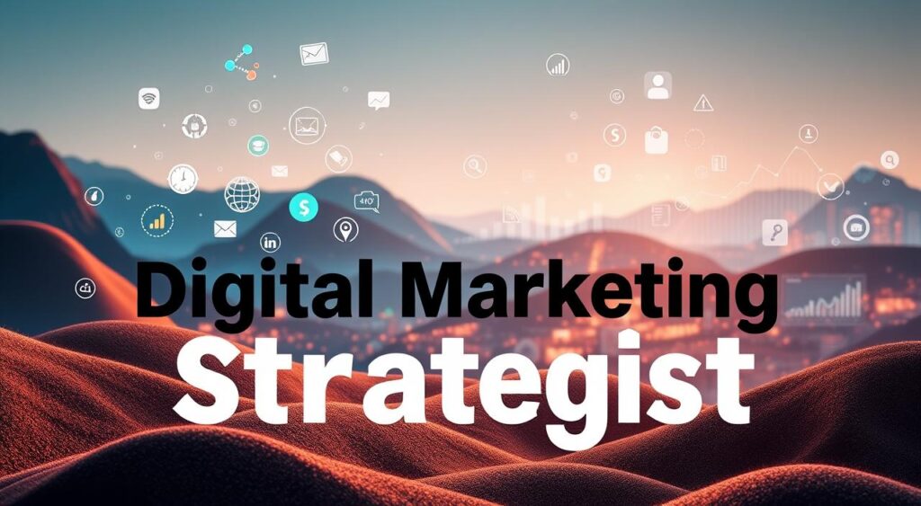 A sleek and modern digital landscape, featuring the bold text "Digital Marketing Strategist" in a clean, impactful font. In the foreground, various digital marketing icons and symbols float effortlessly, representing key skills such as analytics, SEO, social media, and content creation. The middle ground showcases a dynamic, data-driven visualization, with charts, graphs, and metrics highlighting the importance of data-driven decision making. In the background, a vibrant array of digital devices and interfaces create a technologically advanced atmosphere, conveying the digital nature of the profession. Soft, directional lighting illuminates the scene, creating depth and emphasizing the importance of this essential skillset. Prompt