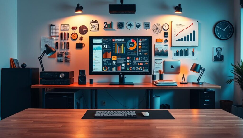 A sleek and modern infographic creation studio, featuring a range of digital tools and visual elements. The scene showcases a minimalist workspace with a large monitor displaying an infographic-in-progress, surrounded by an array of icons, charts, and graphic design assets. Warm lighting illuminates the scene, evoking a productive and creative atmosphere. In the foreground, the "Blogger Reviewer" brand is prominently displayed, signifying the infographic's purpose in the article's "Infographics: Turning Complex Data into Visual Stories" section. The overall composition conveys the power of infographics to transform complex information into engaging visual narratives. Prompt