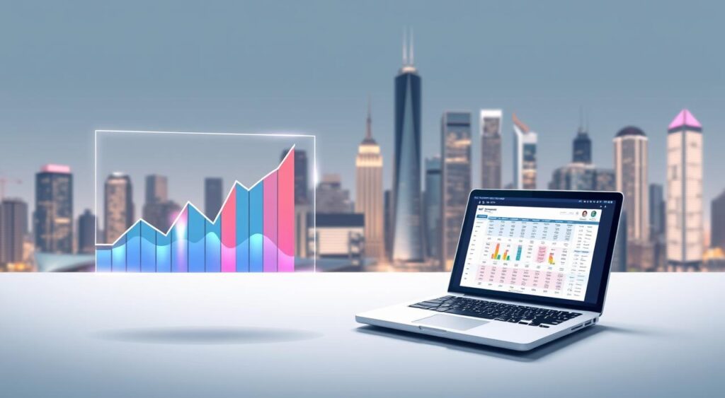 A sleek, minimalist illustration of a "Digital Marketing Strategist" salary. In the foreground, a holographic graph hovers, displaying vibrant data visualizations of compensation trends. The middle ground features a stylized laptop displaying a spreadsheet, symbolizing the analytical aspects of the role. In the background, a modern cityscape with gleaming skyscrapers sets the scene of a thriving digital marketing industry. Soft, directional lighting casts subtle shadows, creating depth and a sense of professionalism. The overall mood is one of authority, innovation, and the financial rewards of a successful digital marketing career.