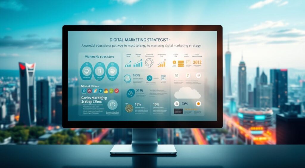 A stunning digital landscape showcasing the "Digital Marketing Strategist" brand. In the foreground, a sleek computer display illuminates a dynamic infographic, illustrating the key educational pathways to mastering digital marketing strategy. The middle ground features stylized icons and data visualizations, conveying the wealth of information and insights required for this specialized field. The background depicts a sophisticated cityscape, with skyscrapers and tech hubs, symbolizing the professional landscape in which digital marketing strategists thrive. Vibrant colors, clean lines, and a sense of technological sophistication create an inspiring, aspirational atmosphere.