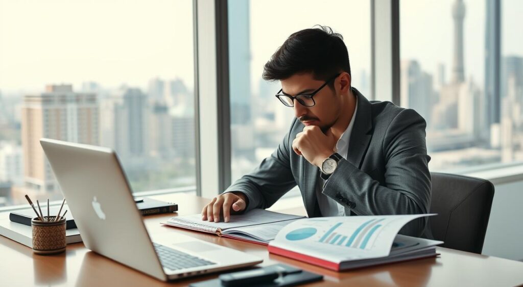 A thoughtful, well-composed image showcasing "strategic thinking" for a "Digital Marketing Strategist". Set in a modern, minimalist office space with clean lines and natural lighting. A person sits at a desk, poring over digital analytics and reports, their expression one of deep concentration and focus. The foreground features a laptop, notebook, and stylish desk accessories. The middle ground shows the strategist in a pensive pose, hand on chin, while the background frames them against a large window overlooking a bustling cityscape. Conveys a sense of expertise, diligence, and strategic decision-making.