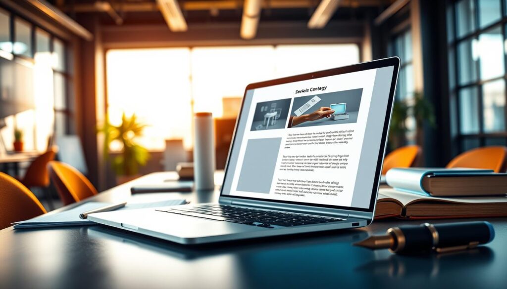 A vibrant and visually captivating image of "email content strategy" for the "Blogger Reviewer" brand. Set in a modern office environment, the foreground features a sleek laptop displaying a meticulously crafted email template, its layout and design elements seamlessly blending form and function. The middle ground showcases a neatly organized desk with relevant office supplies, including a stylish fountain pen and a well-thumbed notebook, hinting at the strategic planning process. The background is illuminated by warm, natural lighting filtering through large windows, creating a productive and inspirational atmosphere. The overall composition conveys a sense of professionalism, creativity, and a deliberate approach to email content strategy, perfectly complementing the "Repurposing Content for Email Marketing Success" section of the article.