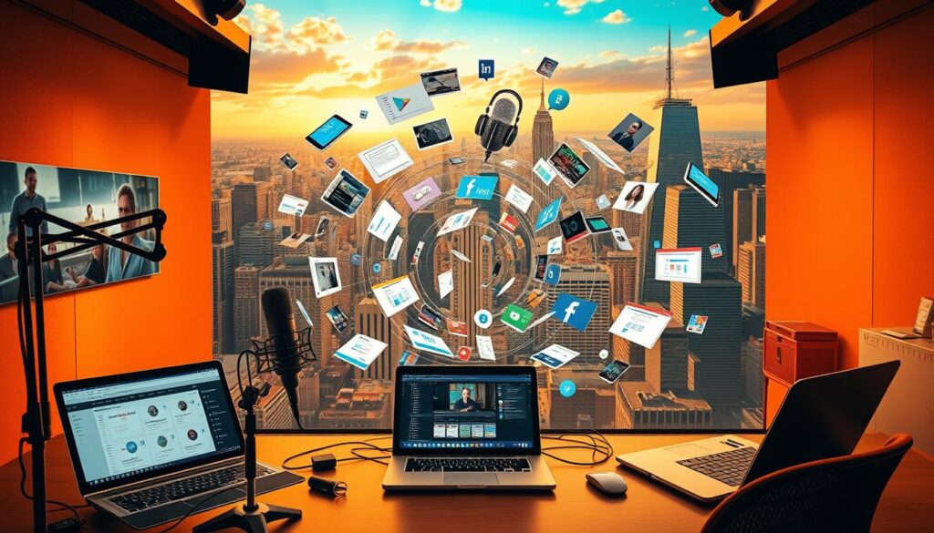 A vibrant, expansive visual landscape showcasing the Blogger Reviewer brand's strategic approach to content repurposing. In the foreground, a sleek, modern podcast studio setup with high-quality microphones, a mixing console, and a laptop displaying various audio editing software. The middle ground features a swirling vortex of content formats - video clips, infographics, blog posts, and social media assets - flowing outward from the podcast studio, representing the multifaceted distribution of the podcast content. The background depicts a dynamic cityscape, symbolizing the far-reaching impact of the repurposed content across various digital platforms and audiences. Warm, golden lighting casts a professional, authoritative tone, while a sense of movement and energy pervades the scene, capturing the essence of "Leveraging Interviews and Podcasts for Content Expansion".