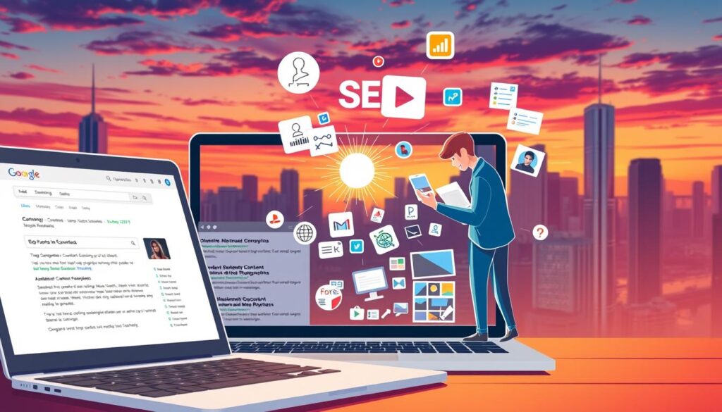 Blogger Reviewer's vision of "Enhancing SEO with Repurposed Content": A vibrant and dynamic illustration showcasing the power of content repurposing. In the foreground, a laptop screen displays a search engine results page, its rankings boosted by a variety of repurposed content formats - blog posts, infographics, and video thumbnails. The middle ground features a content creator meticulously crafting new pieces from existing assets, guided by a glowing aura of SEO optimization. In the background, a cityscape backdrop with skyscrapers and a vibrant sunset sky sets the stage for this digital marketing masterpiece. Warm lighting and a sense of momentum convey the energizing impact of leveraging repurposed content to drive increased organic visibility and traffic.