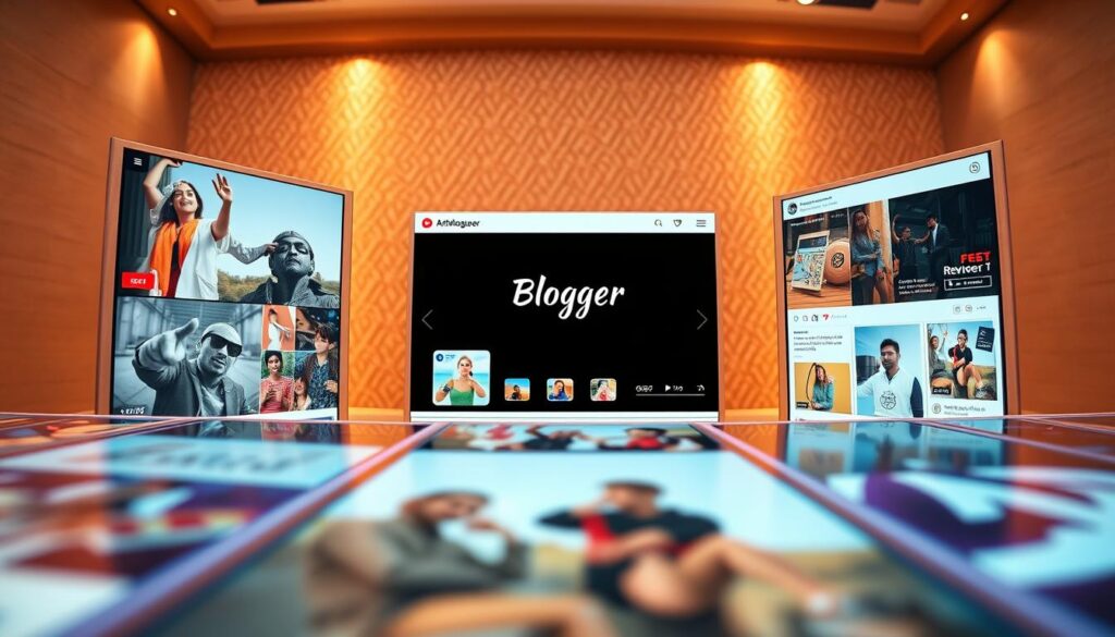 Engaging Carousel Posts: A vibrant display of interactive social media content. The foreground features a series of dynamic carousel slides showcasing the "Blogger Reviewer" brand, each with sleek, modern designs and captivating visuals. The middle ground depicts a lively social media platform interface, with responsive touch gestures and smooth animations. The background sets a warm, inviting atmosphere with soft lighting and a subtle, blurred pattern, lending a sense of depth and elegance. Captured through a wide-angle lens, the image conveys a seamless, immersive experience that invites the viewer to engage and explore the captivating carousel content.