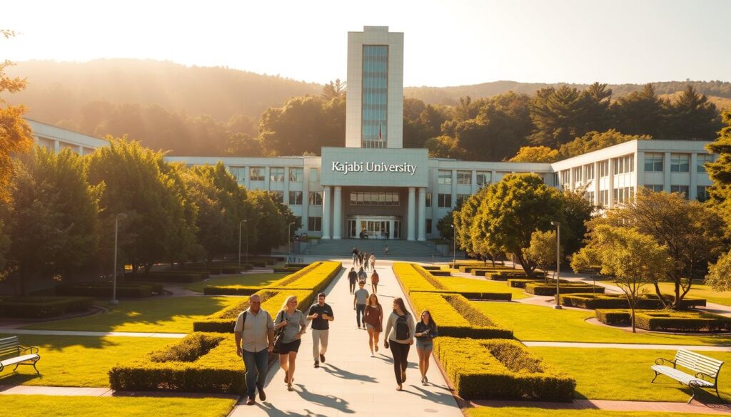 Prompt A grand, modern university campus set against a backdrop of lush greenery, featuring the iconic "Kajabi University" logo prominently displayed on the main building. The scene is bathed in warm, golden sunlight, creating a welcoming and inspiring atmosphere. In the foreground, a group of students, casually dressed, are walking and conversing, representing the vibrant, collaborative nature of the institution. The middle ground showcases well-manicured pathways, lined with benches and surrounded by neatly trimmed hedges, inviting exploration. In the background, a towering, glass-fronted administrative building rises, symbolizing the cutting-edge facilities and technology that empower the Kajabi experience. The overall composition conveys a sense of modern, accessible education, where the "Blogger Reviewer" can maximize their online journey.